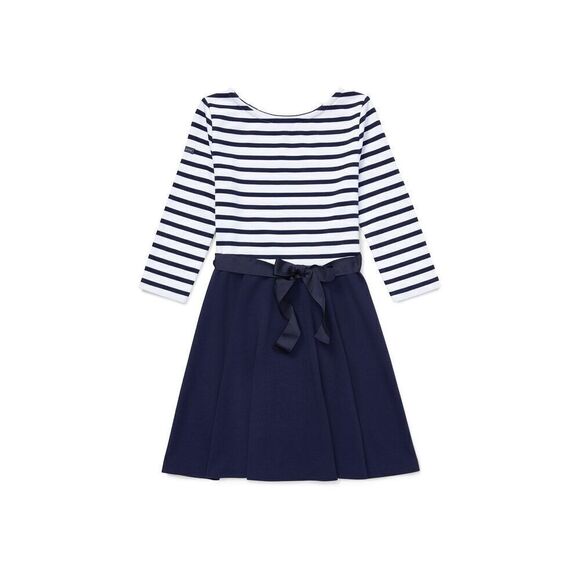 Polo Ralph Lauren Girls Striped Two-Tone Ponte Dress In Refined Navy/White - Picture 1 of 7